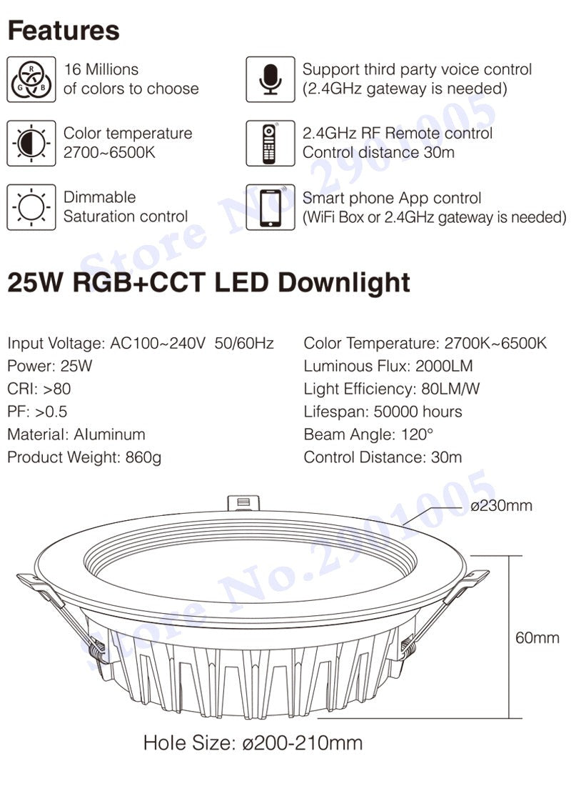 RGB+CCT recessed 25W indoor led ceiling Downlight dimmable AC100~240V hole size 200~210mm Compatible with 2.4G RF remote control