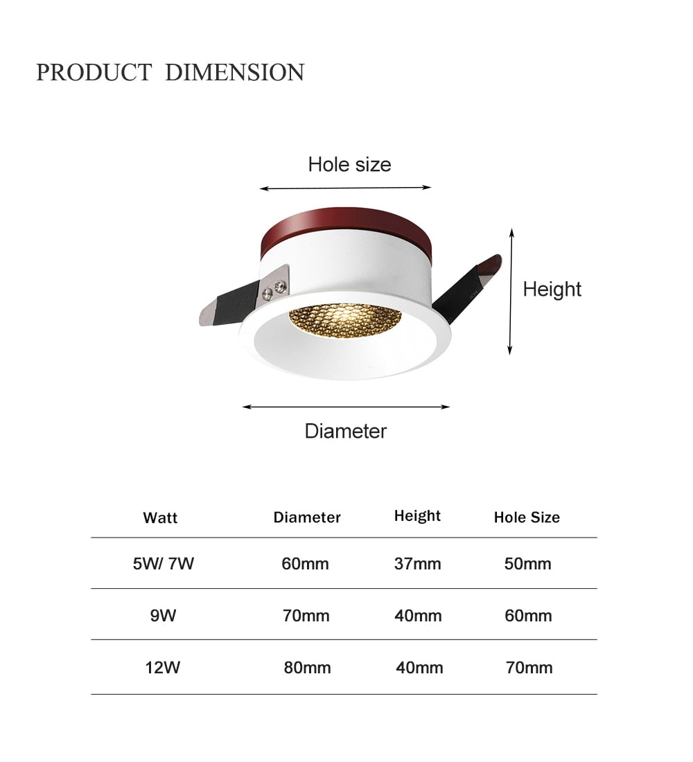 Ultra Thin Anti-Glare Spot Light 12W 9W 7W 5W Ceiling Lamp Recessed Led Light LED Downlight For Living Room Light