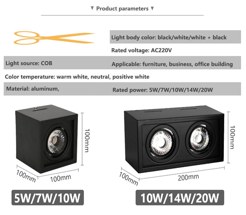 Super Brightness AC 85-230V Square Surface Mounted LED COB Dimmable Downlights 10W 15W 2X10W 2X15W LED Ceiling Lamp Spot Light