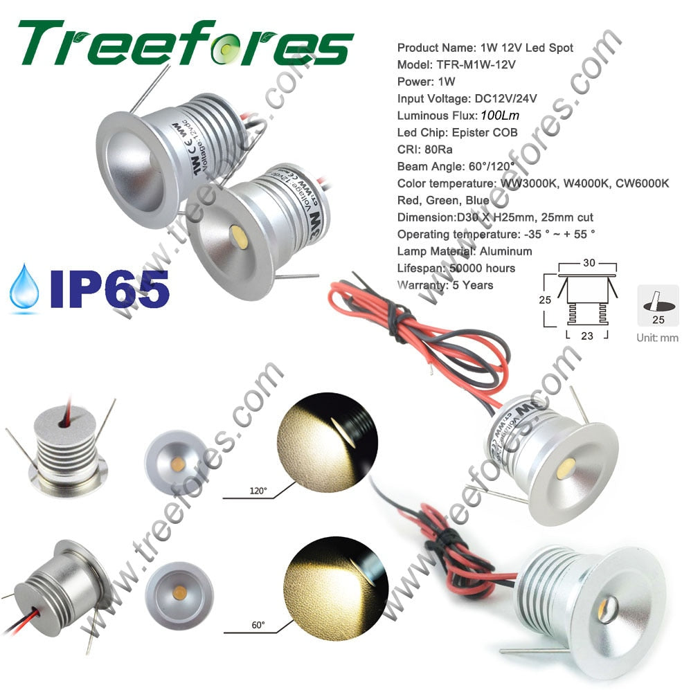 IP65 1W Mini Led Spot Downlight 12Vdc Cabinet Lamp 60D/120 Hotel Decoration Lighting 25mmRecessed Spotlight