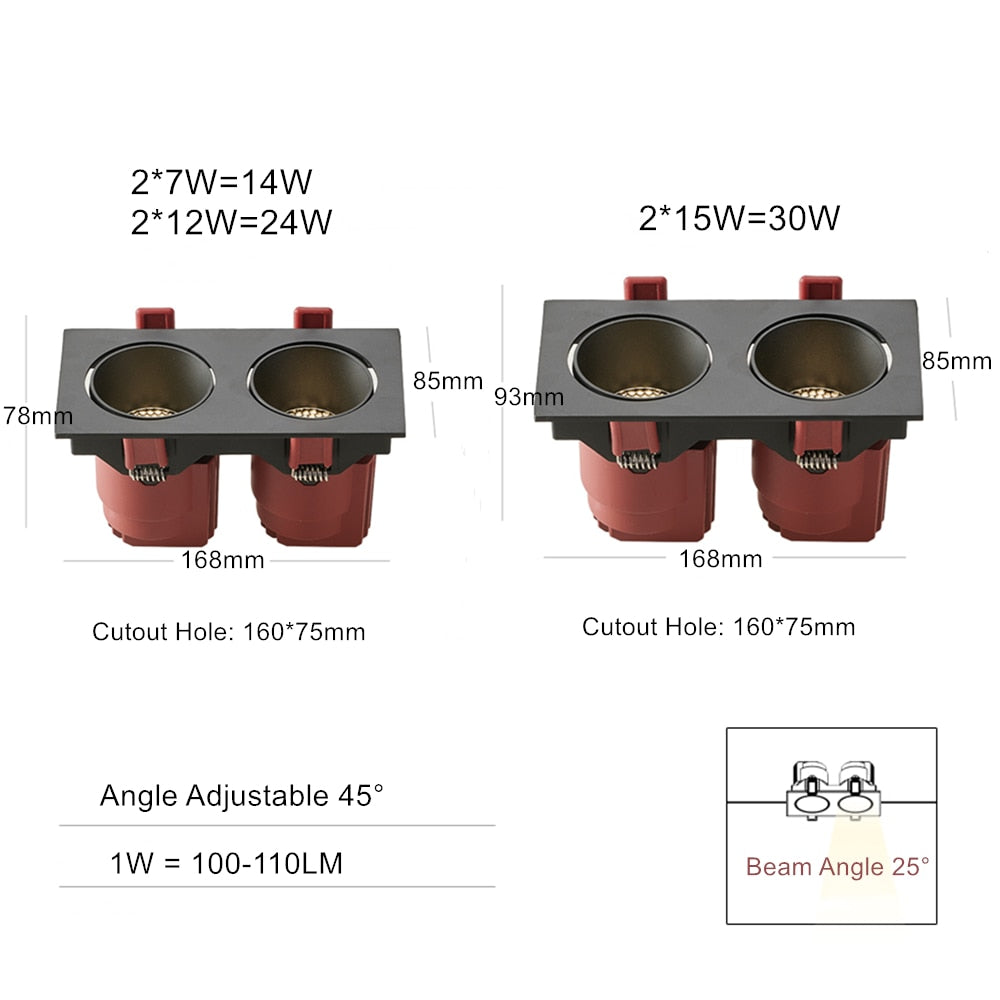 Anti-Glare Square Recessed Downlight 14W 24W 30W Angle Adjust High CRI Ceiling Spot Light
