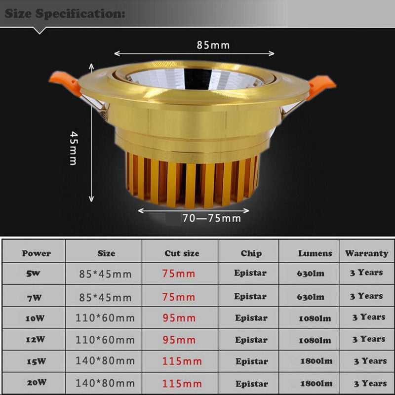 Gold Downlight Dimmable 5W 7W 10W 12W 15W 20W 85-265V Dimmable COB Downlight Recessed LED Down light With Lens For Hotel