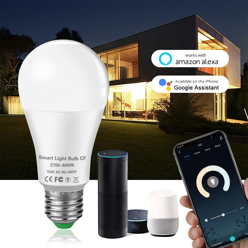 15W WiFi Smart LED Light Bulb E27 B22 Ampoule LED Intelligent Dimmable Night Lamp Apply to Alexa Google Home Alice Echo for Home