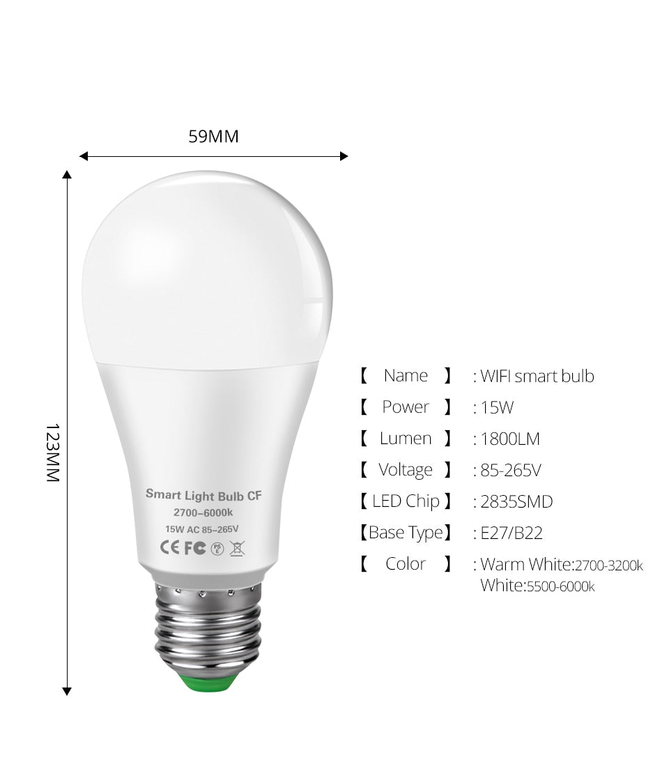 15W WiFi Smart LED Light Bulb E27 B22 Ampoule LED Intelligent Dimmable Night Lamp Apply to Alexa Google Home Alice Echo for Home