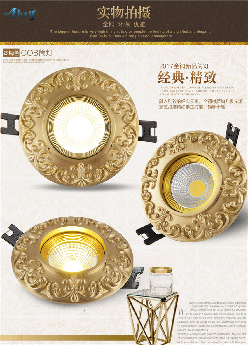 Copper European Downlight Household Spotlights Led Ceiling Living Room Lights Cob Bulb Embedded Bull Eye Lamps Hole Lighting