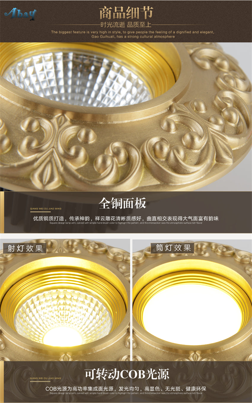 Copper European Downlight Household Spotlights Led Ceiling Living Room Lights Cob Bulb Embedded Bull Eye Lamps Hole Lighting