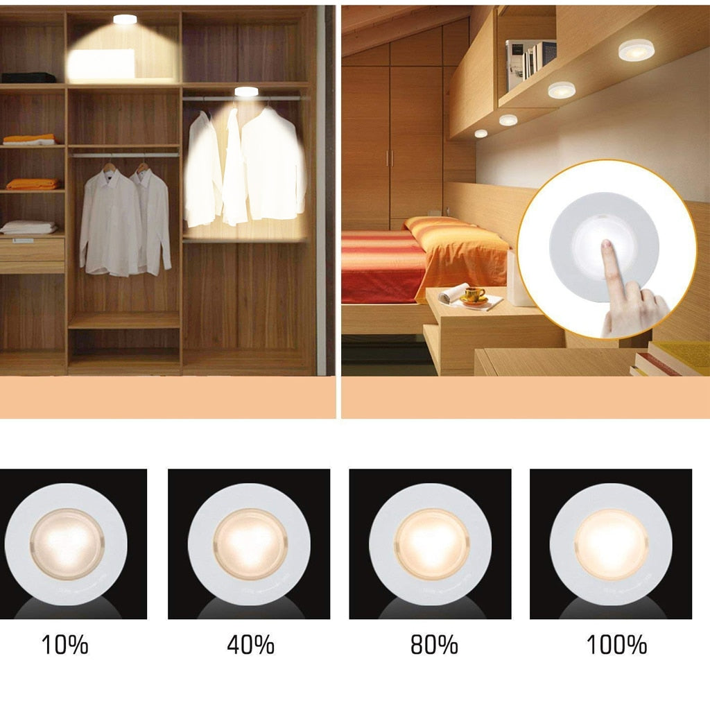 LED Puck Lights Close Wardrobe Stair Hallway Night Lamp 2 Colors Wireless Dimmable Touch Sensor Under Kitchen Cabinets Lights