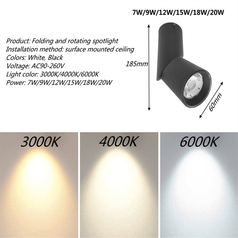 Dimmable Rotating LED Downlights 7W/9W/12W/15W/18W/20W COB LED Ceiling Spot Lights AC110-220V LED Wall Lamp Indoor Lighting