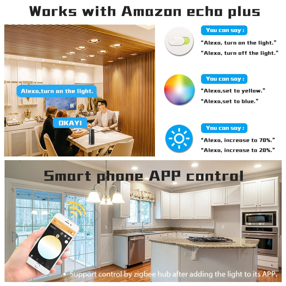 GLEDOPTO ZigBee 3.0 Smart Ceiling Downlight Pro RGBCCT 6W 9W 12W work with Amazon Echo Plus SmartThings App Voice Remote Control