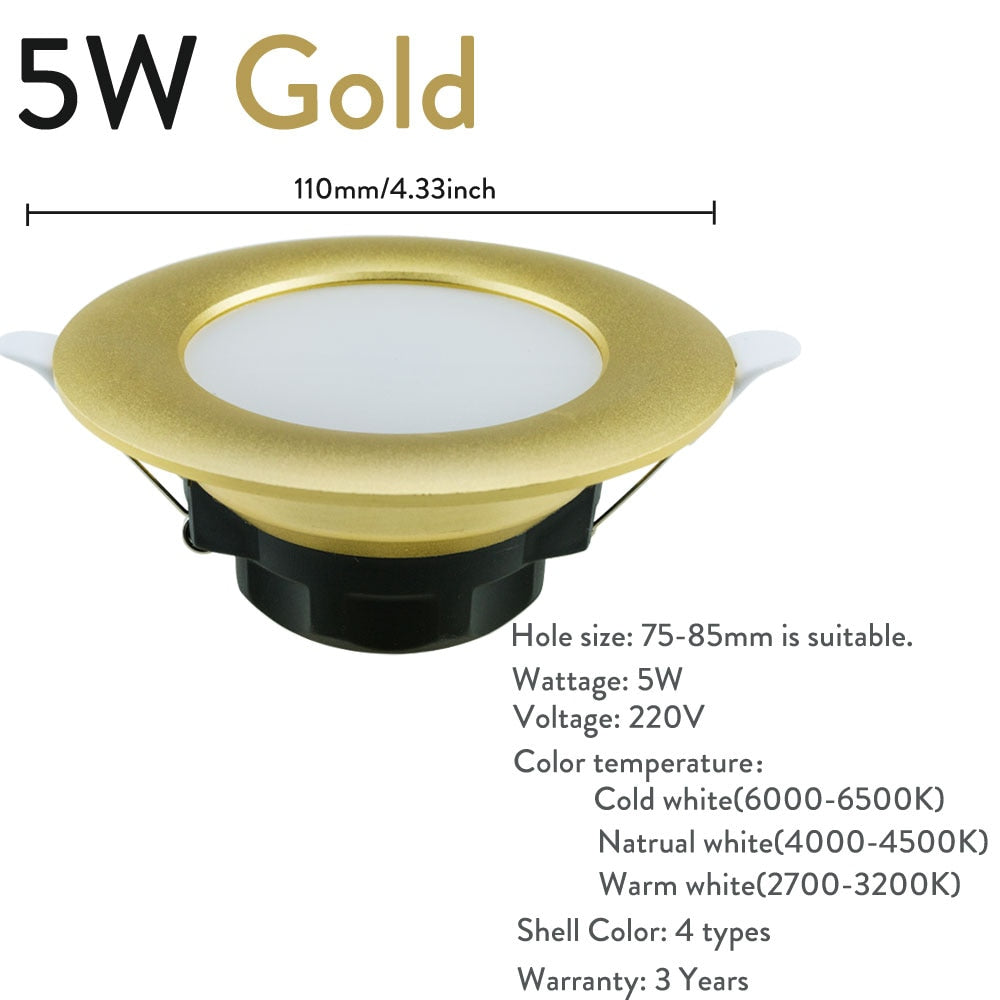 Gold Silver White LED Downlight Fxiture 5W Cool Warm LED Recessed Ceiling Down Light Lamps Decor Lighting AC 220V Replace 45W