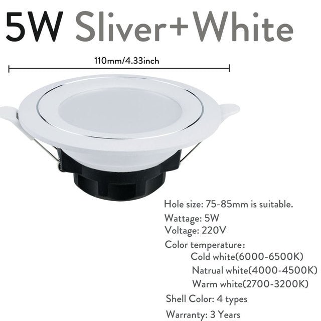 Gold Silver White LED Downlight Fxiture 5W Cool Warm LED Recessed Ceiling Down Light Lamps Decor Lighting AC 220V Replace 45W