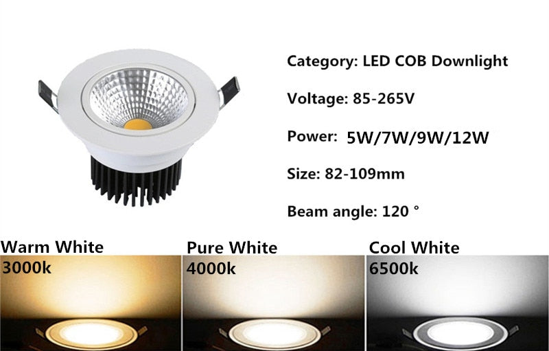 Dimmable Led downlight light COB Ceiling Spot Light 5W 7W 9W 12W 85-265V ceiling recessed Lights Indoor Lighting