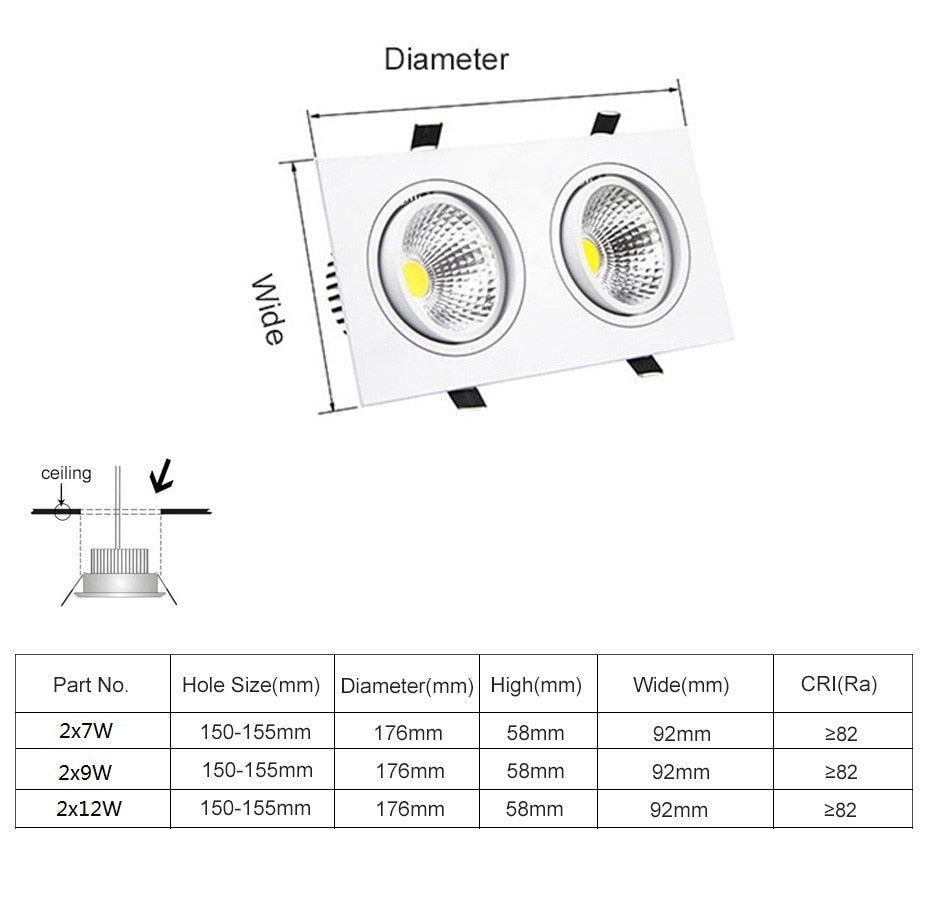 Square Dimmable Recessed LED Downlights 14W 18W 24W COB LED Ceiling Lamps AC85-265V LED Ceiling Spot Lights Indoor Lighting