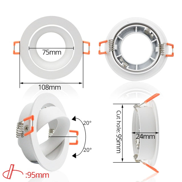 LEDIARY White Recessed LED Ceiling Light Adjustable Frame MR16 GU10 Bulb Changeable Fixture Downlight Holder 75MM 90MM Cut Hole