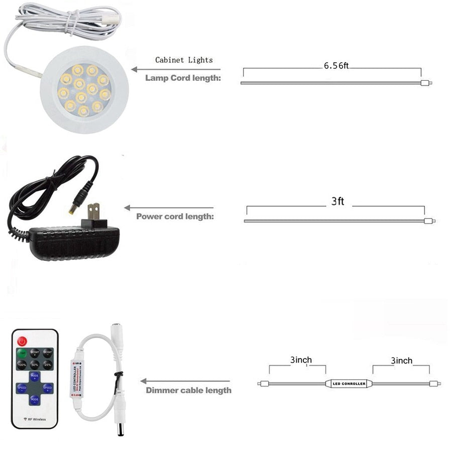 LED Under Cabinet Light Remote Control 8/6/4/3pcs Dimmable Puck Night Lamp Kit for Counter Cupboard Wardrobe Shelf Downlight