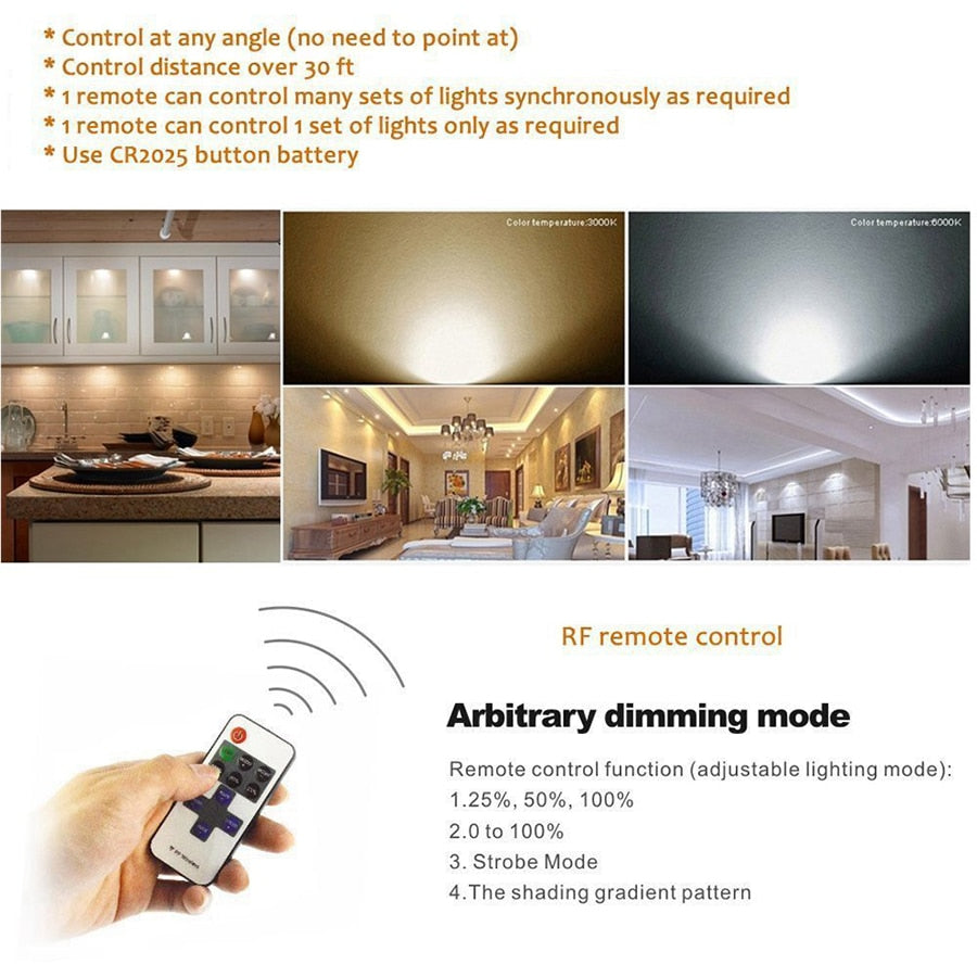 LED Under Cabinet Light Remote Control 8/6/4/3pcs Dimmable Puck Night Lamp Kit for Counter Cupboard Wardrobe Shelf Downlight