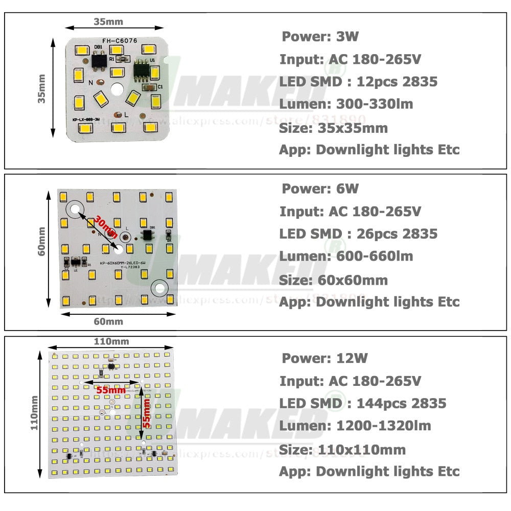 LED PCB 3W 6W 12W 5pcs/lot AC220V LED Downlight Module Aluminum plate White/Warm SMD2835 Smart IC Driver For Spotlight Lamps DIY