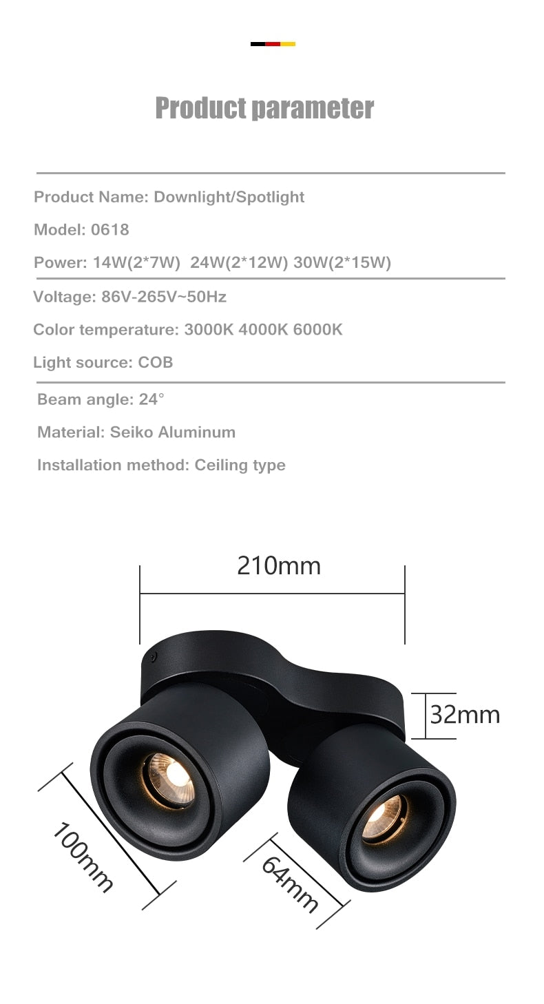 Adjustable bright mounted spotlight led downlight living room ceiling light aisle adjustable angle COB non-open spotlight 24W