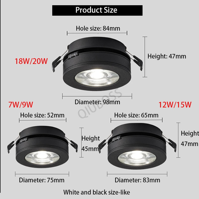 Round Foldable LED Ceiling Downlight LED Recessed Spotlight 7W/9W/12W/15W/18W/20W AC90-260V LED Background Lamps Indoor Lighting