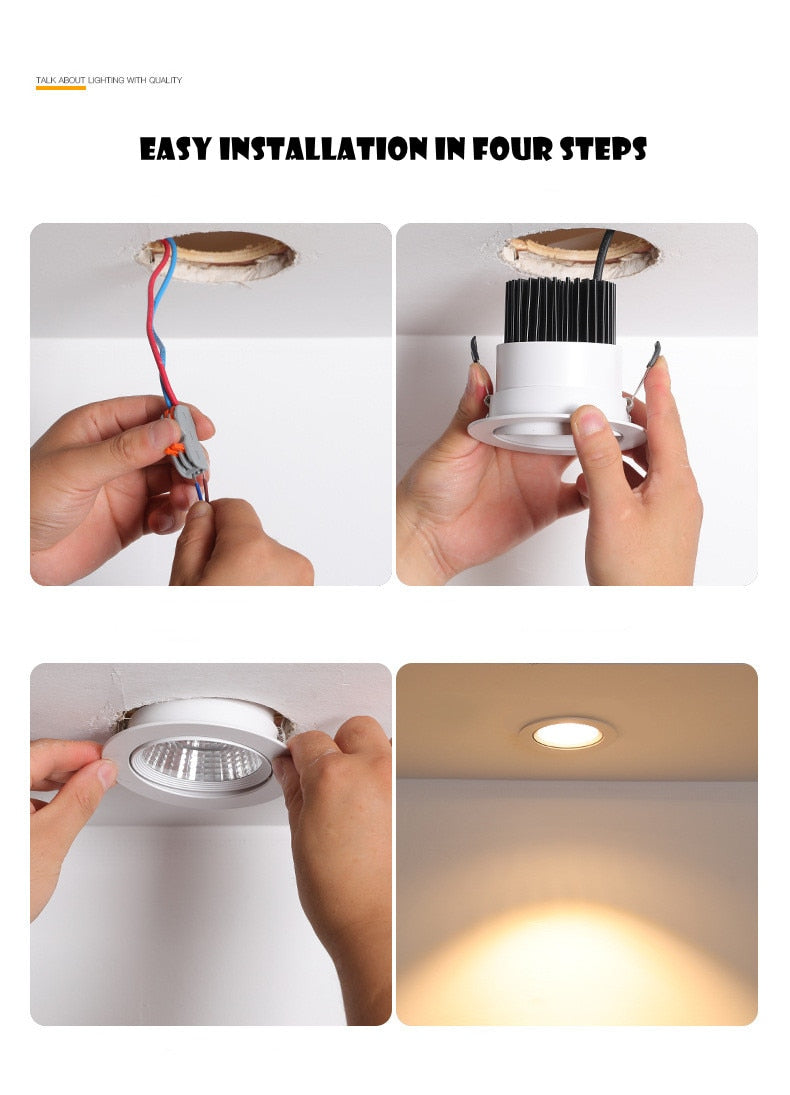 ACETIDE Recessed Dimmable LED Ceiling Light Lamp 3W/ 5W/ 7W/ 9W /12W/ 15W Round COB Spotlight LED Downlights AC85-265V