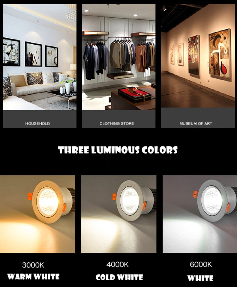 ACETIDE Recessed Dimmable LED Ceiling Light Lamp 3W/ 5W/ 7W/ 9W /12W/ 15W Round COB Spotlight LED Downlights AC85-265V