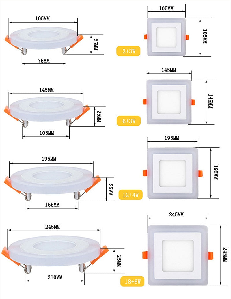 Double Color LED Panel Light Recessed Round/Square Dimmable Downlights 6W 9W 16W White+Blue/RGB Ceiling Spot Lighting AC85-265V