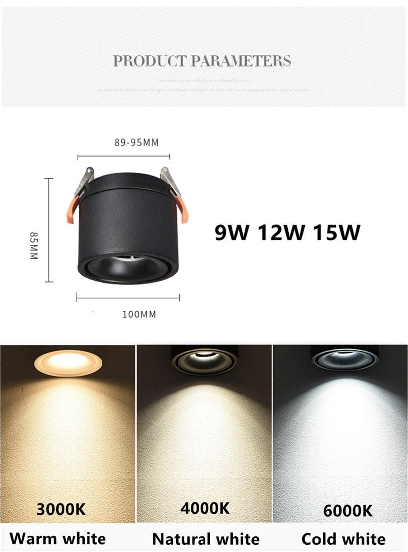 Foldable and Rotating Recessed LED Downlight 9W COB Ceiling Spot Light 12W Dimmable 110V 220V 15W Warm White For Living Room