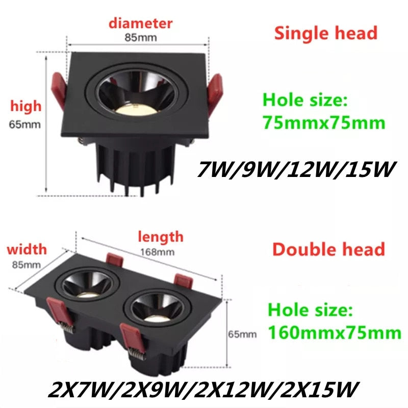 Angle Adjustable Anti-glare Square LED COB Recessed Downlight 7W 9W 12W 15W LED Ceiling Spot Light Kitchen Living room Indoor