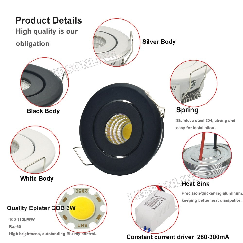 MINI downlights cob with Drivers AC85-265V Showcase Jewery Cabinet Lighting Black White Silver shell led cob downlight 10pcs/lot