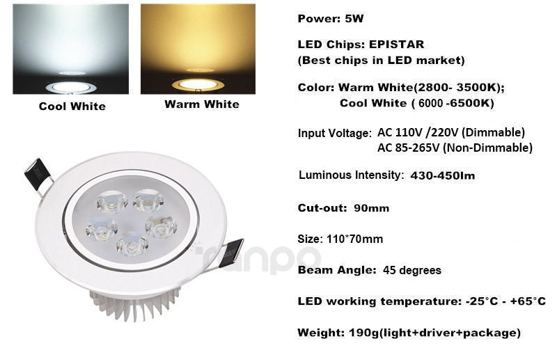 Dimmable LED Recessed 3W 5W Ceiling Down Light Panel Lamp Cool Warm White AC 220V 110V Downlight Spotlight for Home Office Hotel