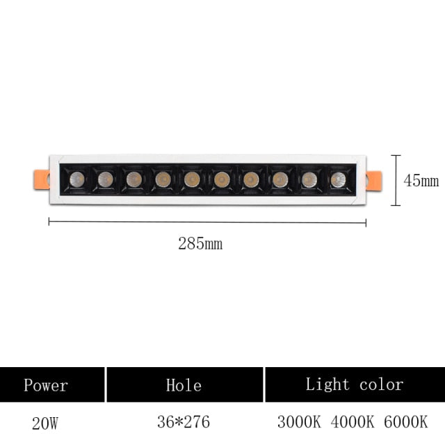 LED line Downlight Recessed Rectangle Grille Ceiling Lamp 4W 10W 20W 30W AC85~265V LED Spot Light For Home Shop Decor