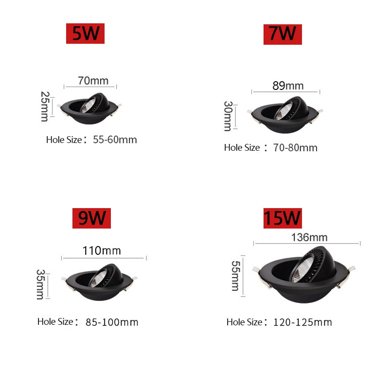 Rotatable Angle LED Recessed Downlight 5W 7W 9W 15W 85-265V LED Ceiling Spot Light 3000K/4000K/6000K Black/White Housing Light