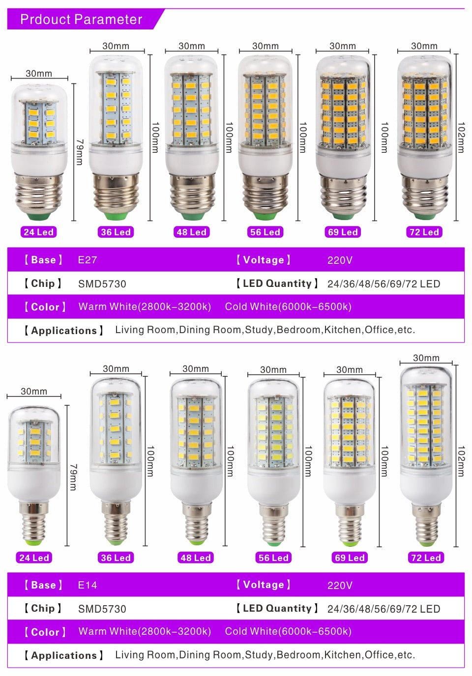 E27 E14 LED Corn Bulb 24 36 48 56 69 72 LEDs SMD 5730 220V Lampasas LED Lamp Chandelier Candle LED Light Bombillas