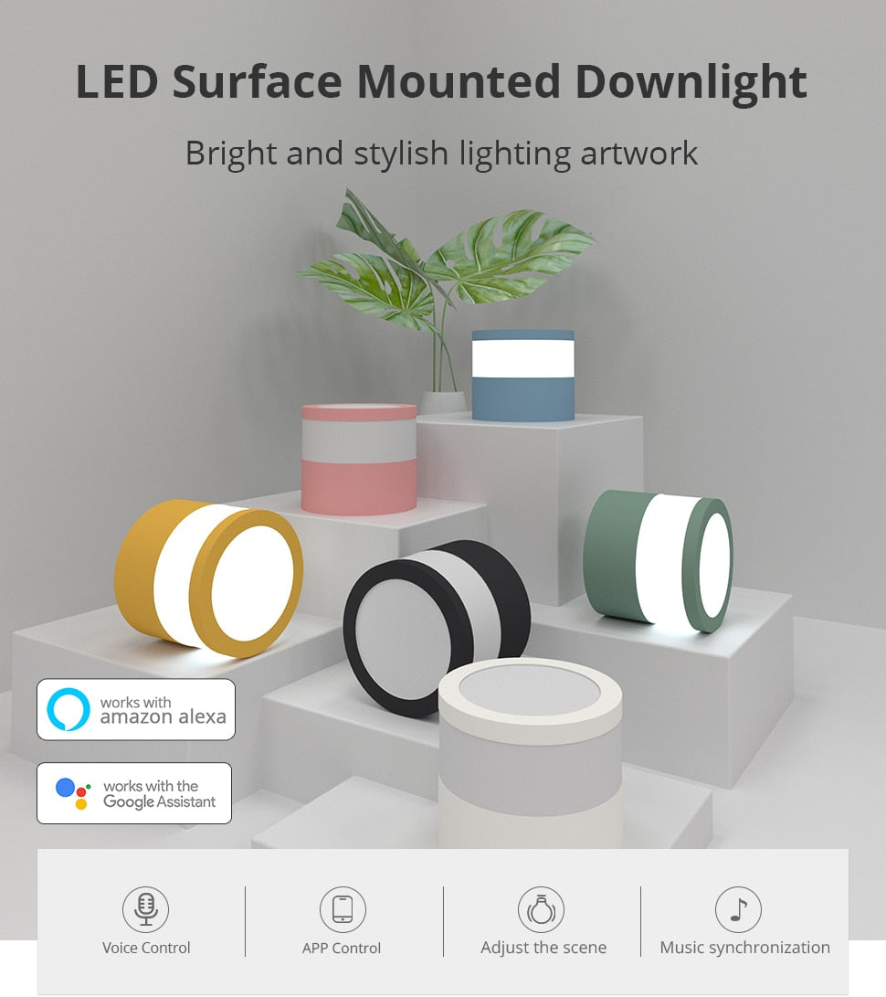 Benexmart Tuya WiFi LED Surface Mounted Light Dimmable Downlight for Ceiling 9W RGBCW NO Hole Round Spotlight Alexa Google Home