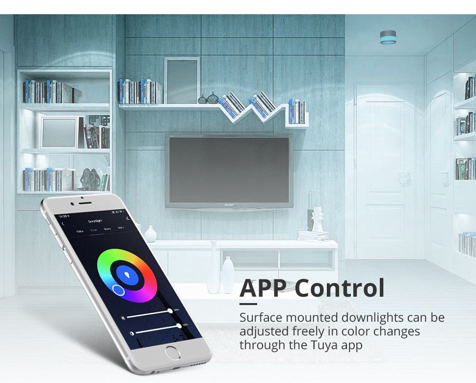 Benexmart Tuya WiFi LED Surface Mounted Light Dimmable Downlight for Ceiling 9W RGBCW NO Hole Round Spotlight Alexa Google Home