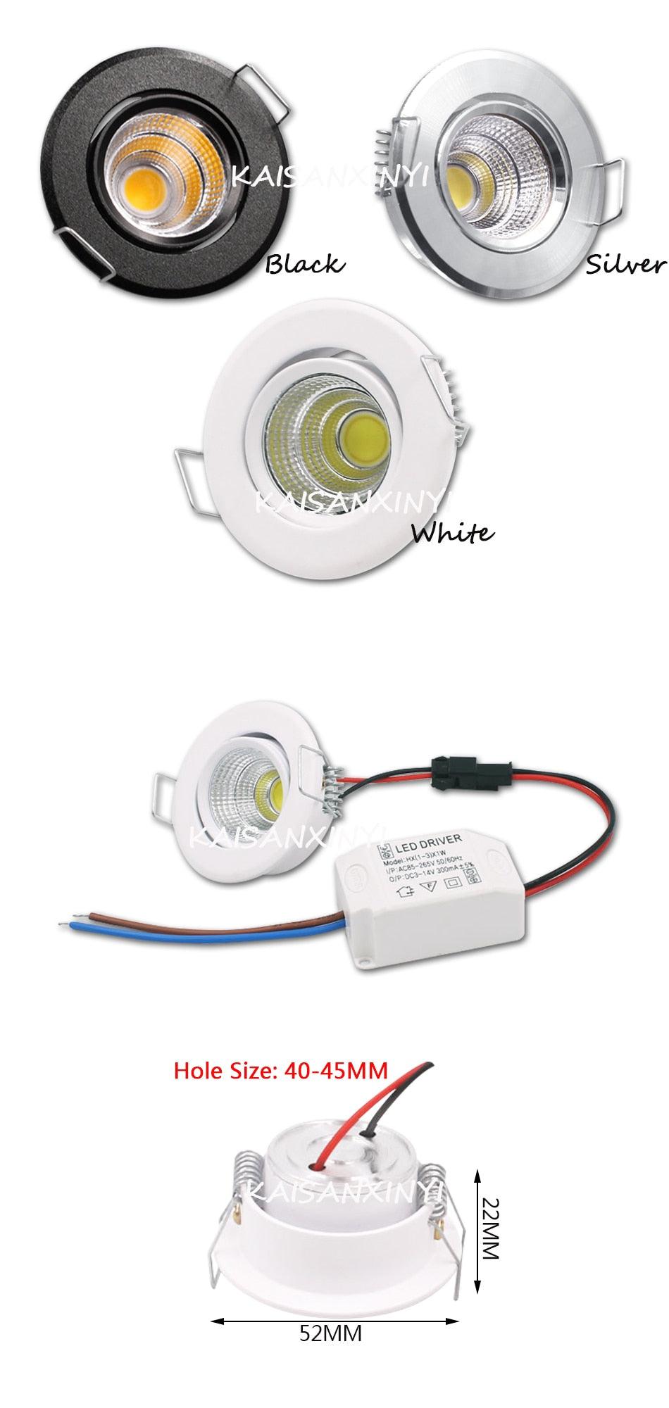 1/5pcs Aluminum Round LED Dimmable Ceiling Downlight 3W AC90-260V Recessed COB Spot Light Led Bulb With Driver - LED Lights For Sale : Affordable LED Solutions : Wholesale Prices