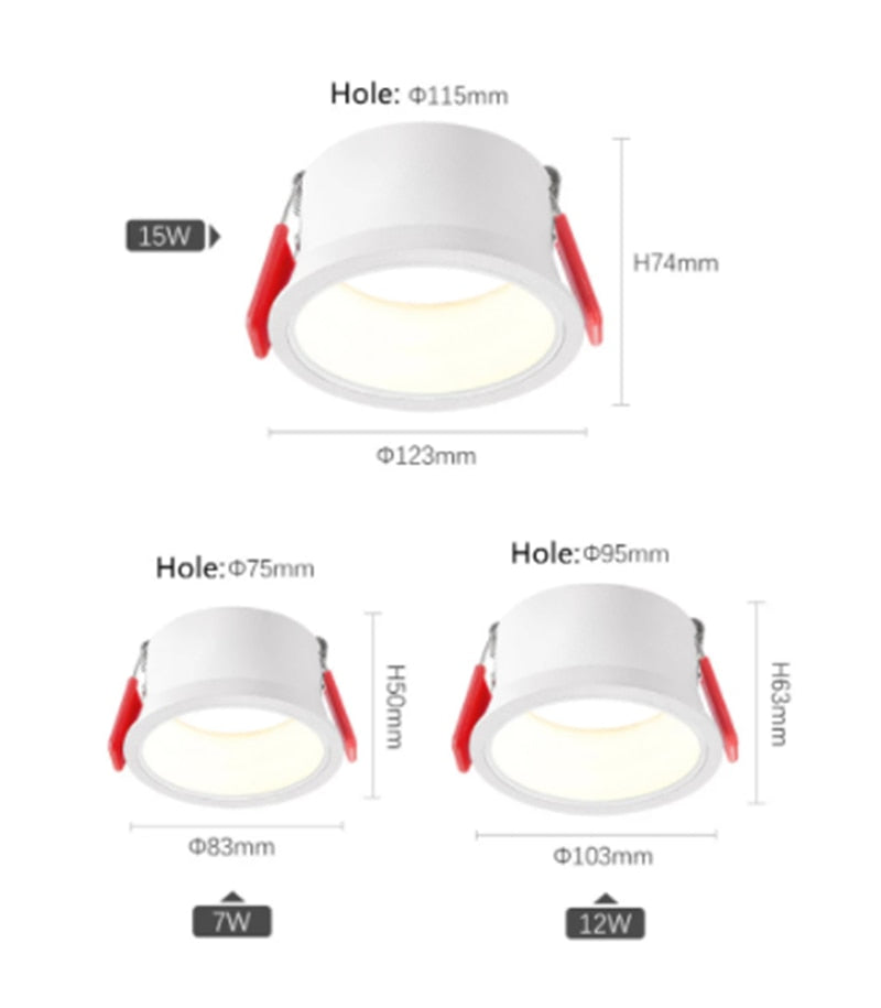 Round Anti-Glare Led COB Recessed Downlights 7w 12w 15w Dimmable 110v 220v Ceiling Lamp Spotlights for Indoor Lighting