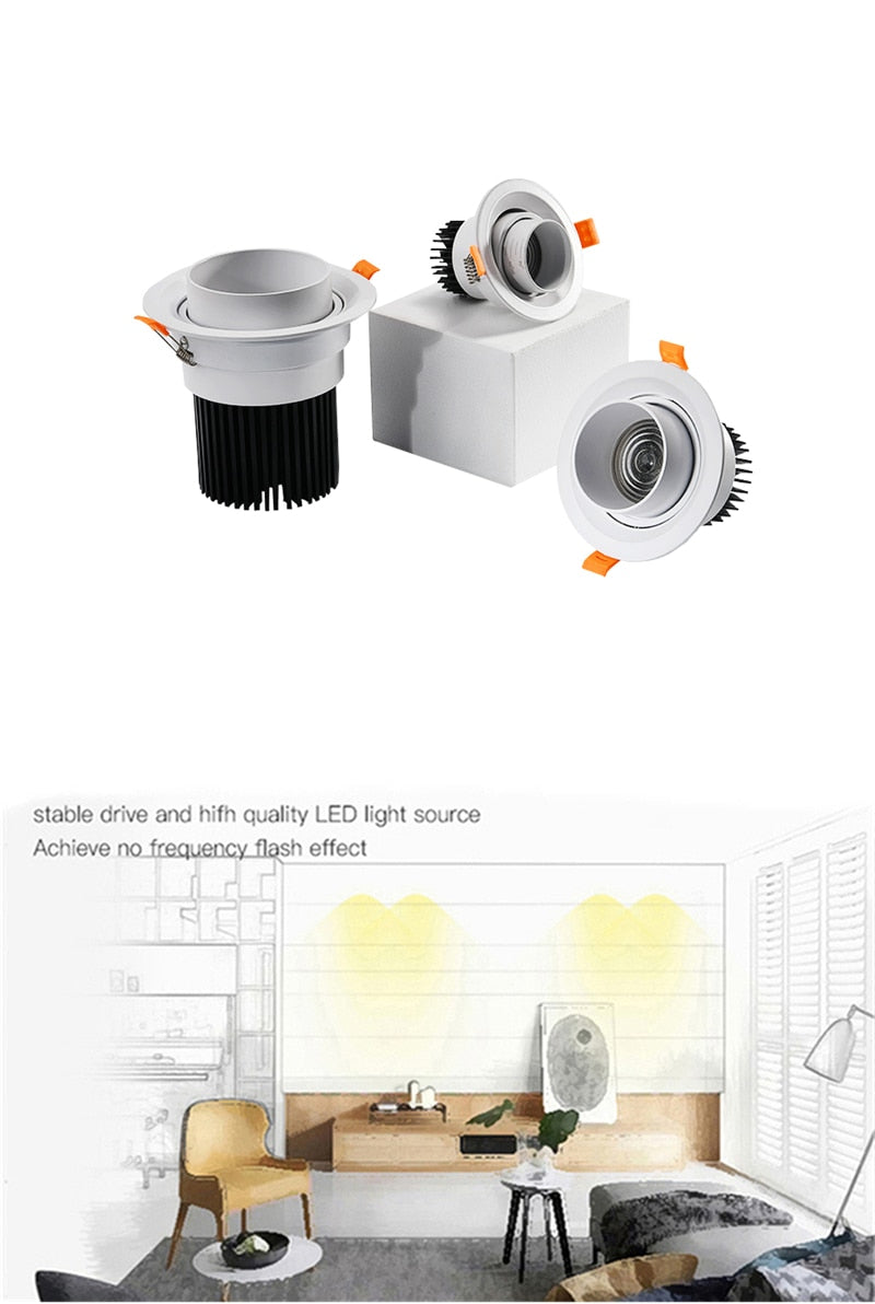 Zoom Beam Angle Adjustable 15/45/60 Degrees LED COB Recessed Downlight 10W 12W 15W LED Ceiling Spot Light for Picture Background