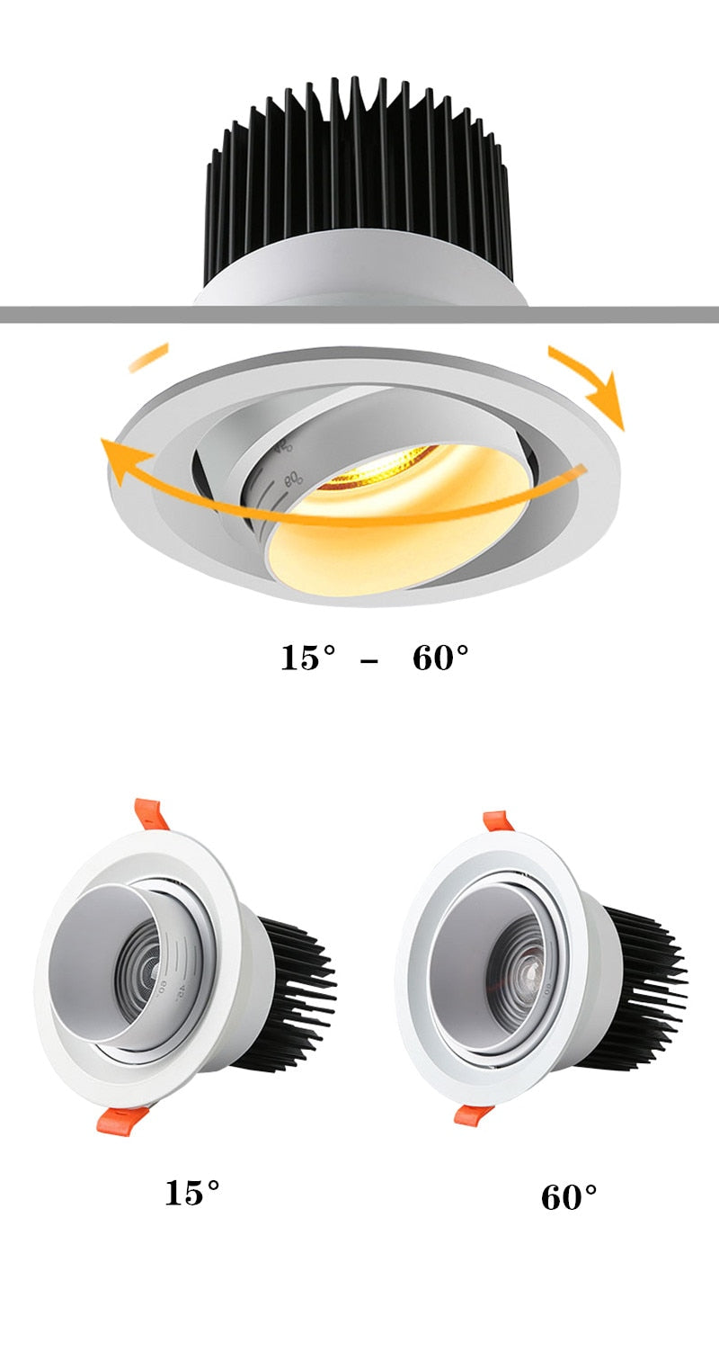 Zoom Beam Angle Adjustable 15/45/60 Degrees LED COB Recessed Downlight 10W 12W 15W LED Ceiling Spot Light for Picture Background