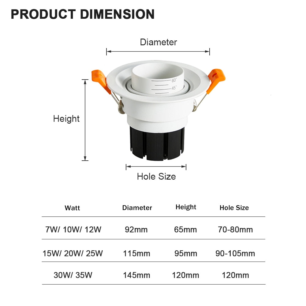 Zoom Beam Angle Adjustable 15/45/60 Degrees LED COB Recessed Downlight 12W 18W 20W LED Ceiling Spot Light for Picture Background