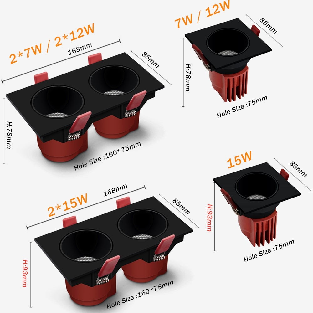 Dimmable Led Downlights 220v 110v Anti Glare Led Ceiling Lamp 30w 24w Square Recessed lamp 15W 7W LED Spot light Cold/warm white