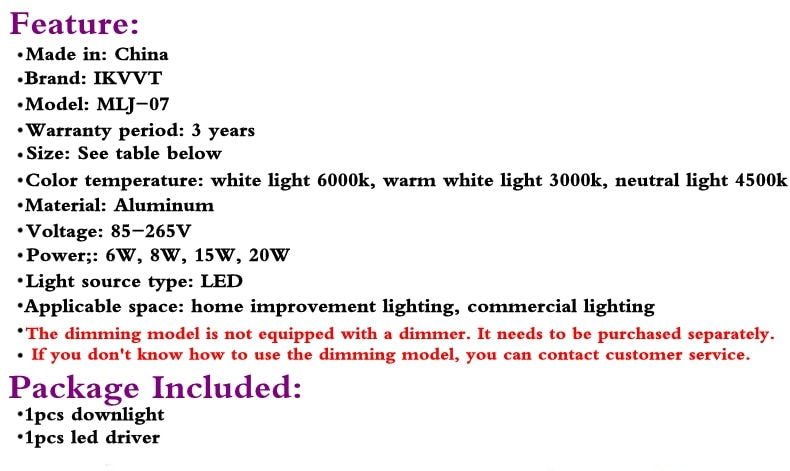 LED ultra-thin dimmable embedded downlight 6w/8w/15w/20w round AC85-265v