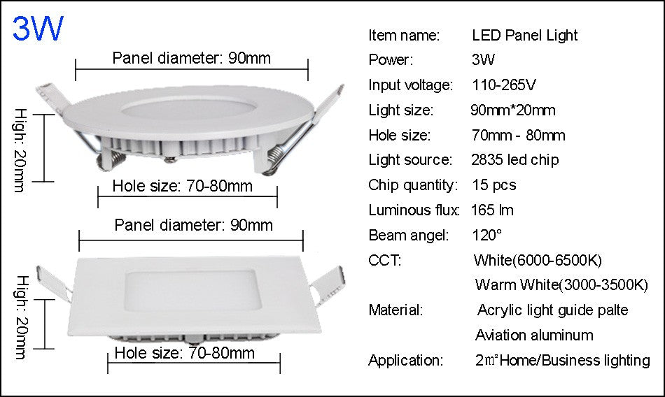 LED Panel Light Led Lights LED Downlight Panel Light Round/Square 3W 6W 9W 12W 15W 18W 24W Recessed