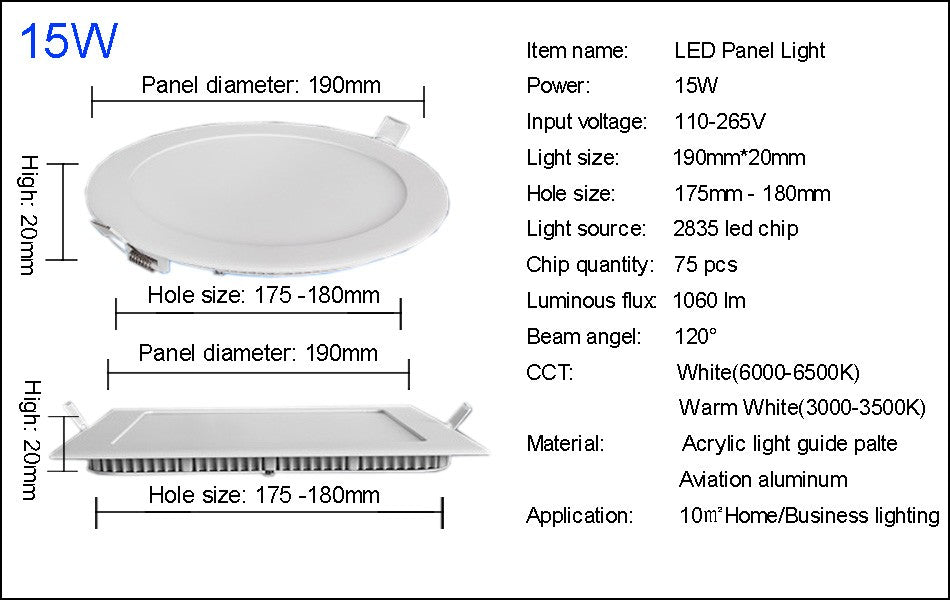 LED Panel Light Led Lights LED Downlight Panel Light Round/Square 3W 6W 9W 12W 15W 18W 24W Recessed