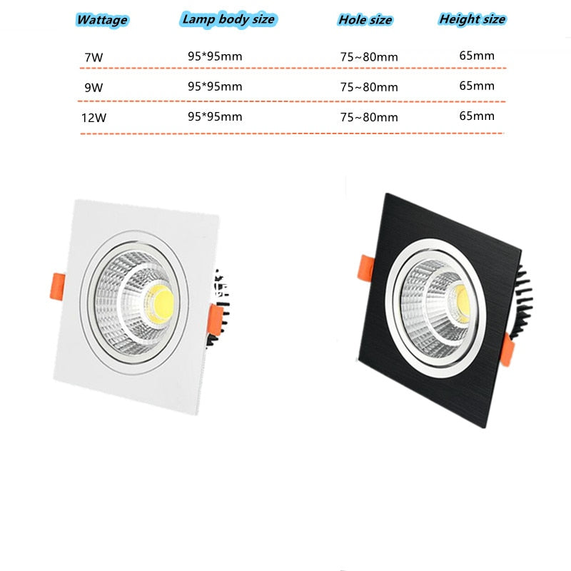 Recessed Square Dimmable LED Downlights 7W 9W 12W COB LED Ceiling Lamp AC85-265V Warm/Cold White LED Spot Lights Indoor Lighting