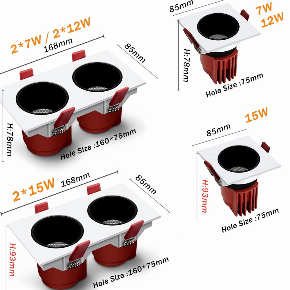 Dimmable Square Led Downlight Ceiling Spot Light 7w 15w 24w COB Ceiling Recessed Downlight AC85-265V Recessed Indoor Lightings