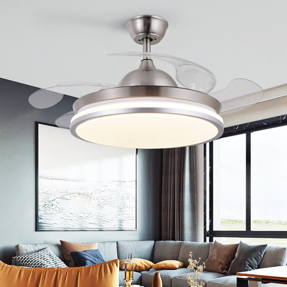 Led ceiling fan lamp with remote control circular DC frequency lamp for bedroom decoration, retractable and reversible