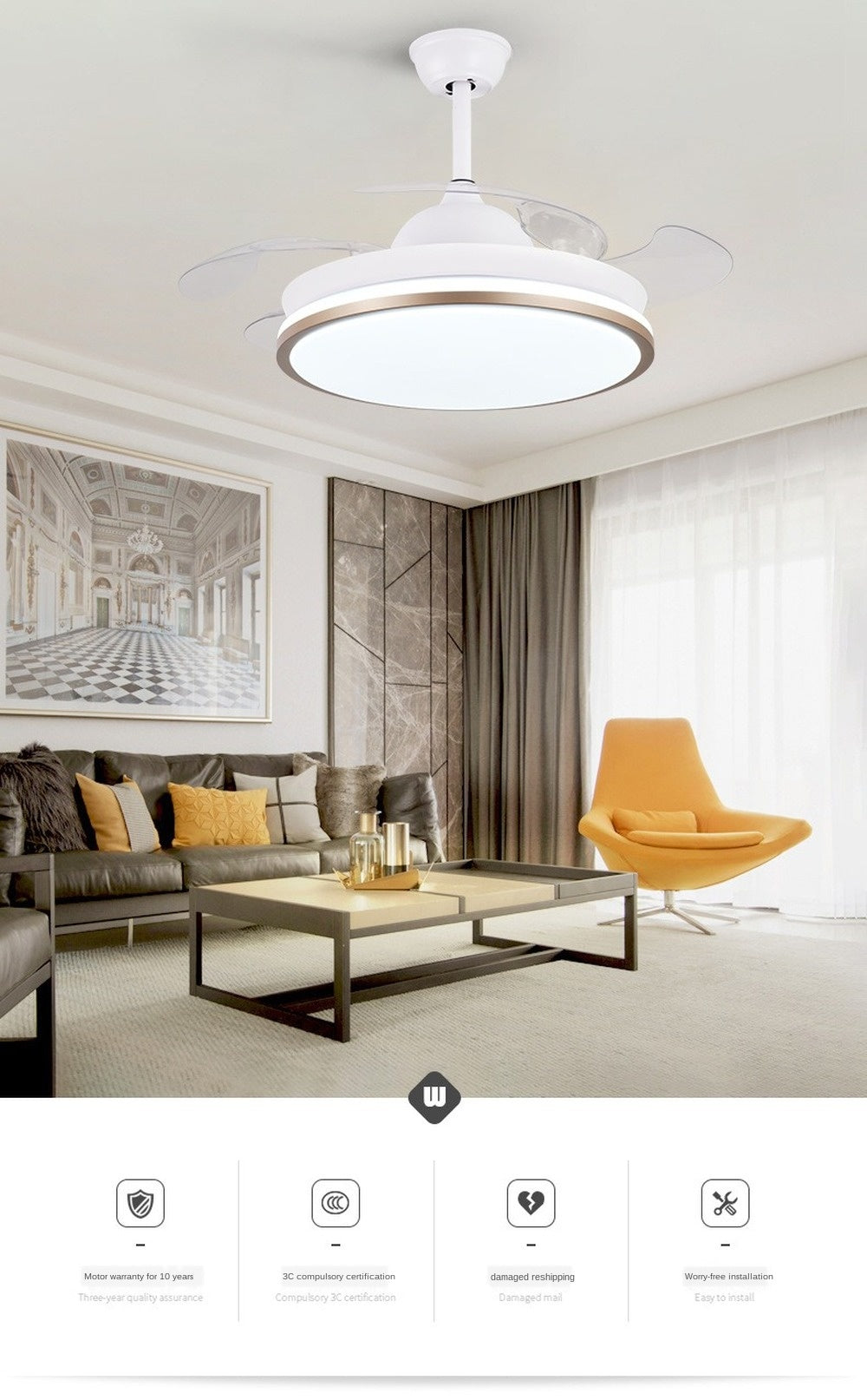 Led ceiling fan lamp with remote control circular DC frequency lamp for bedroom decoration, retractable and reversible