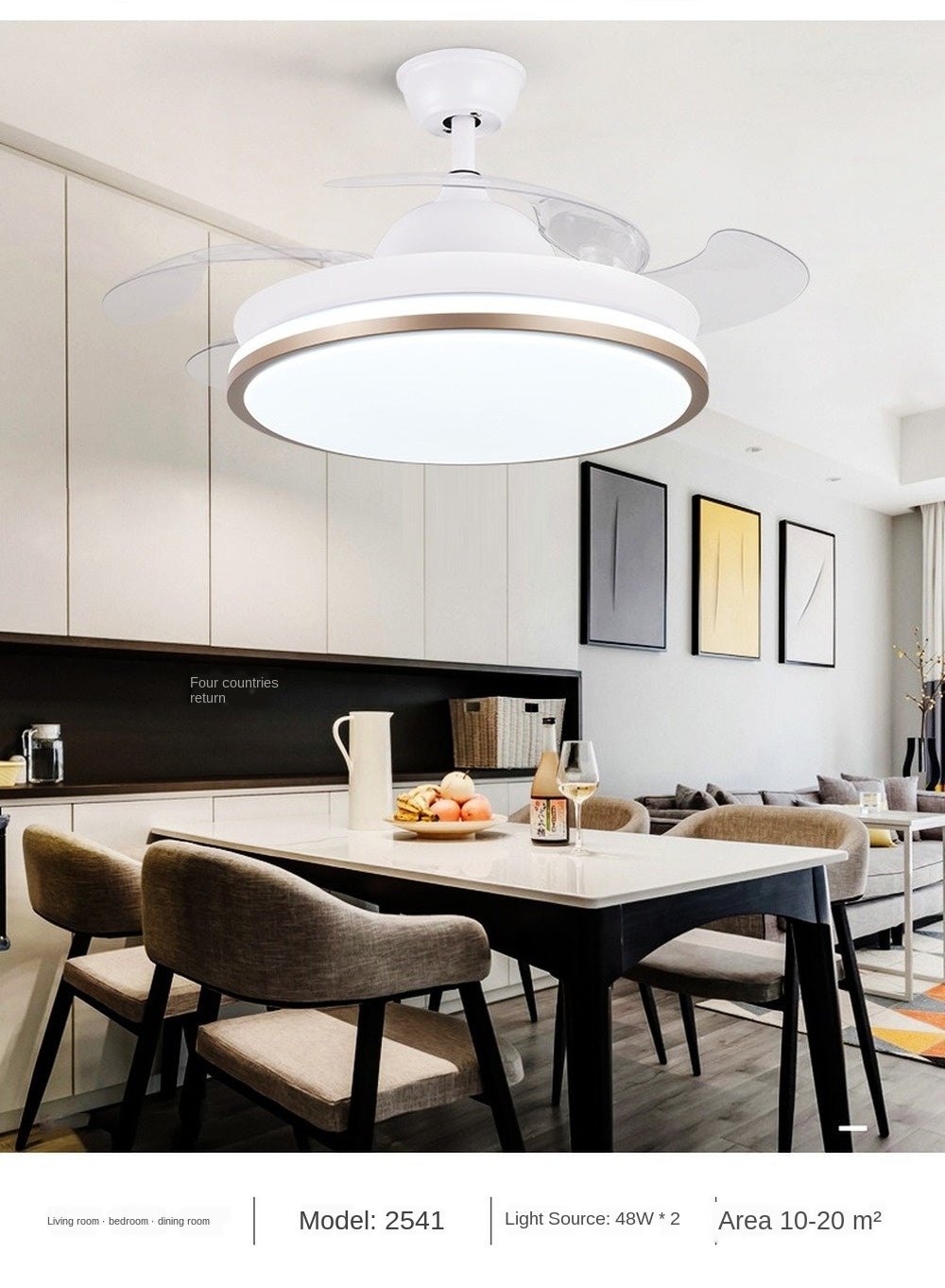 Led ceiling fan lamp with remote control circular DC frequency lamp for bedroom decoration, retractable and reversible