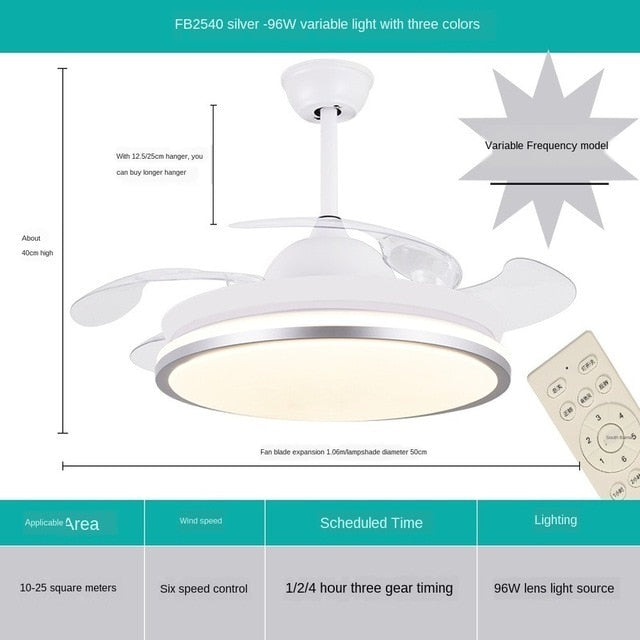 Led ceiling fan lamp with remote control circular DC frequency lamp for bedroom decoration, retractable and reversible